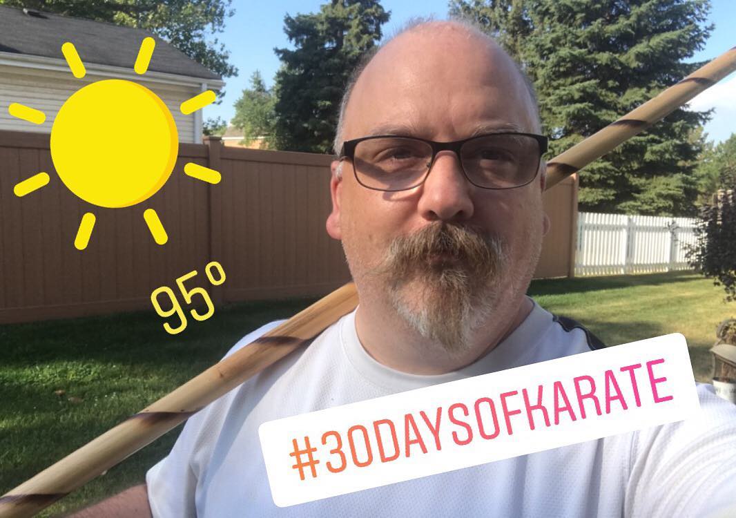 #30daysofkarate and it’s not supposed to be this hot!!! Taking the opportunity to sweat some weight off in the near 100 degree weather. Today is #kobudo with the #bo #tonfa #bokken and #nunchaku  Because it’s obviously a great idea to swing weapons around while you’re sweating profusely. 😂😂😂 On a completely unrelated note, a quick and focused strike to the elbow with the nunchaku will disable the person’s arm for several minutes. “Welcome back to the ER Mr. Domaschuk. Your usual room?” #karate #meditation #bushido #budo #NoPain #martialarts #HealThyself @karateculture @erickastengren @mish.mash.do @jay_the_sensational @ando_mierzwa