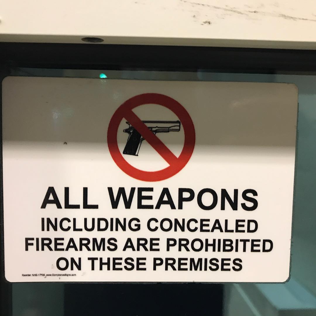So, uh… this sign is on the door to the building where our #dojo is. By “all weapons” surely they don’t mean #tonfa, #bo, #jo, #nunchaku, #kali, or #knife, right? Not that I’d bring those, of course, especially not all at the same time. #karate #kobudo #martialarts #funny #irony #dontcallmeshirley @erickastengren
