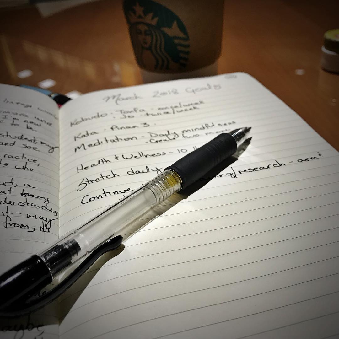 With March just around the corner, it’s time to plan out my monthly #karate #goals. A cup of #coffee, a nicely lit table in a quiet space, and 90 minutes of “me time” equals #happyplace  #martialarts #kobudo #bushido #budo #journal #writing #planning #meditation #health #wellness #mindfulness
